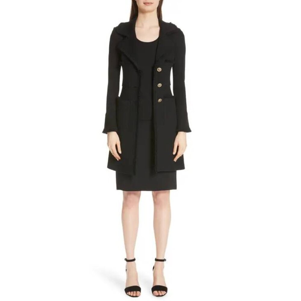 St. John Caviar Black Fringed Wool-Blend Milano Piqué Knit Coat